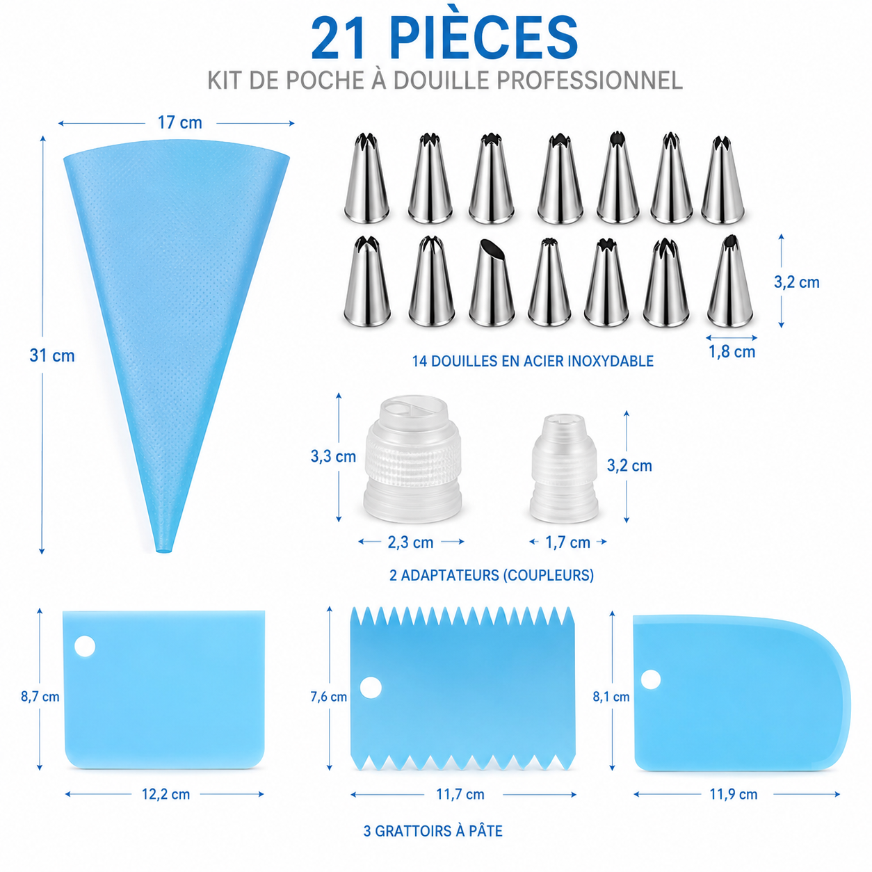 Dimensions du Kit de Decoration Patisserie 21 Pieces
